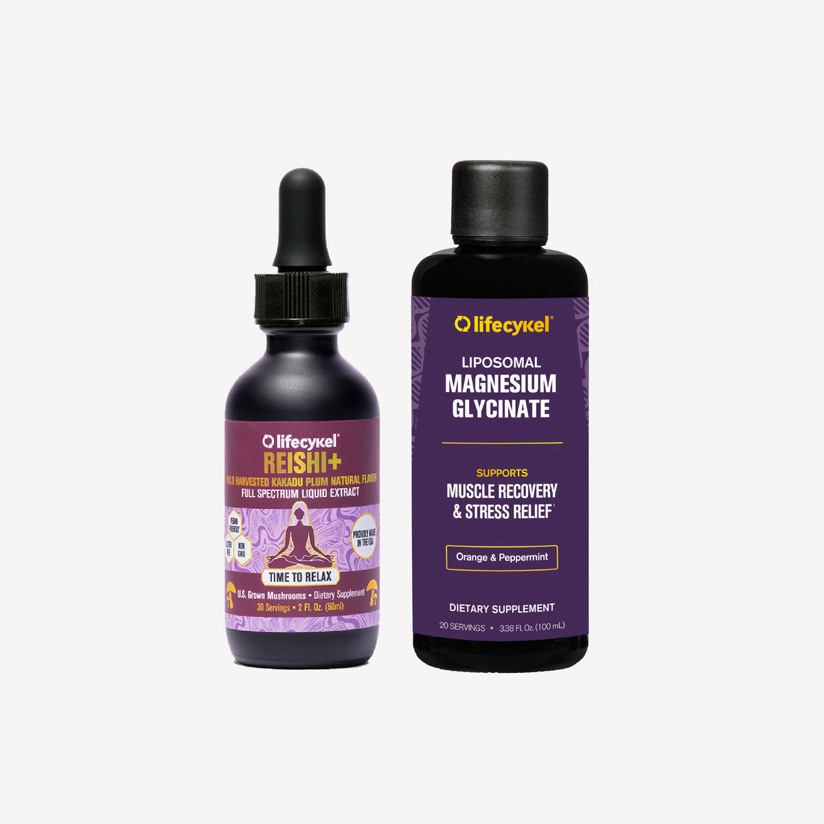 Two bottles of Lifecykel supplements on a white background