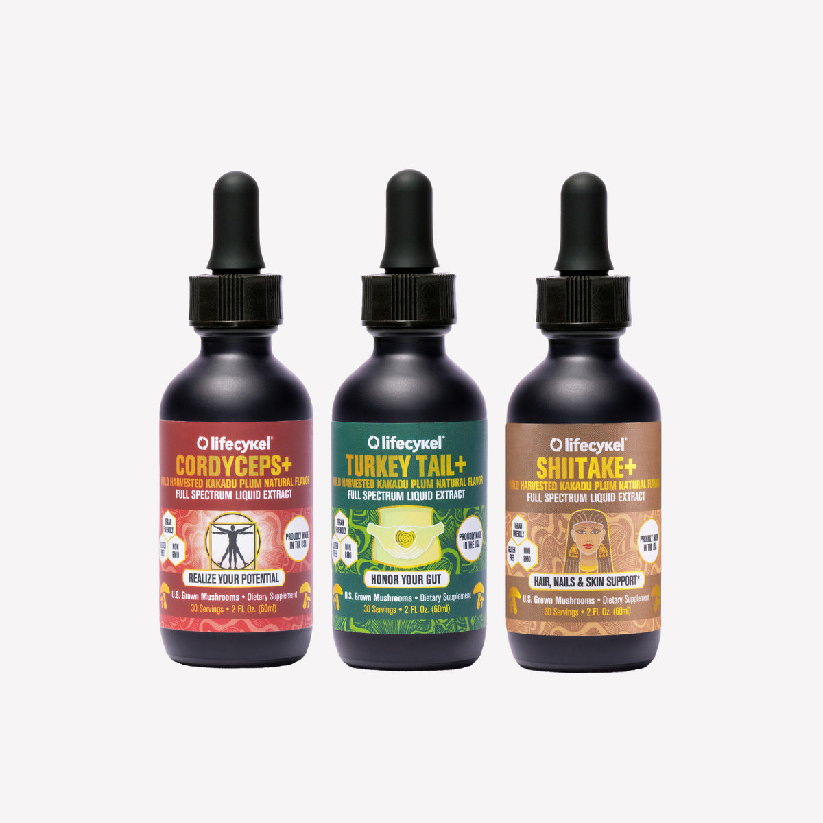 Three black bottles with droppers labeled 'Lifecykel' on a white background