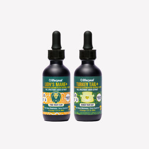 Two bottles of Lifecykel mushroom extracts supplements on a white background