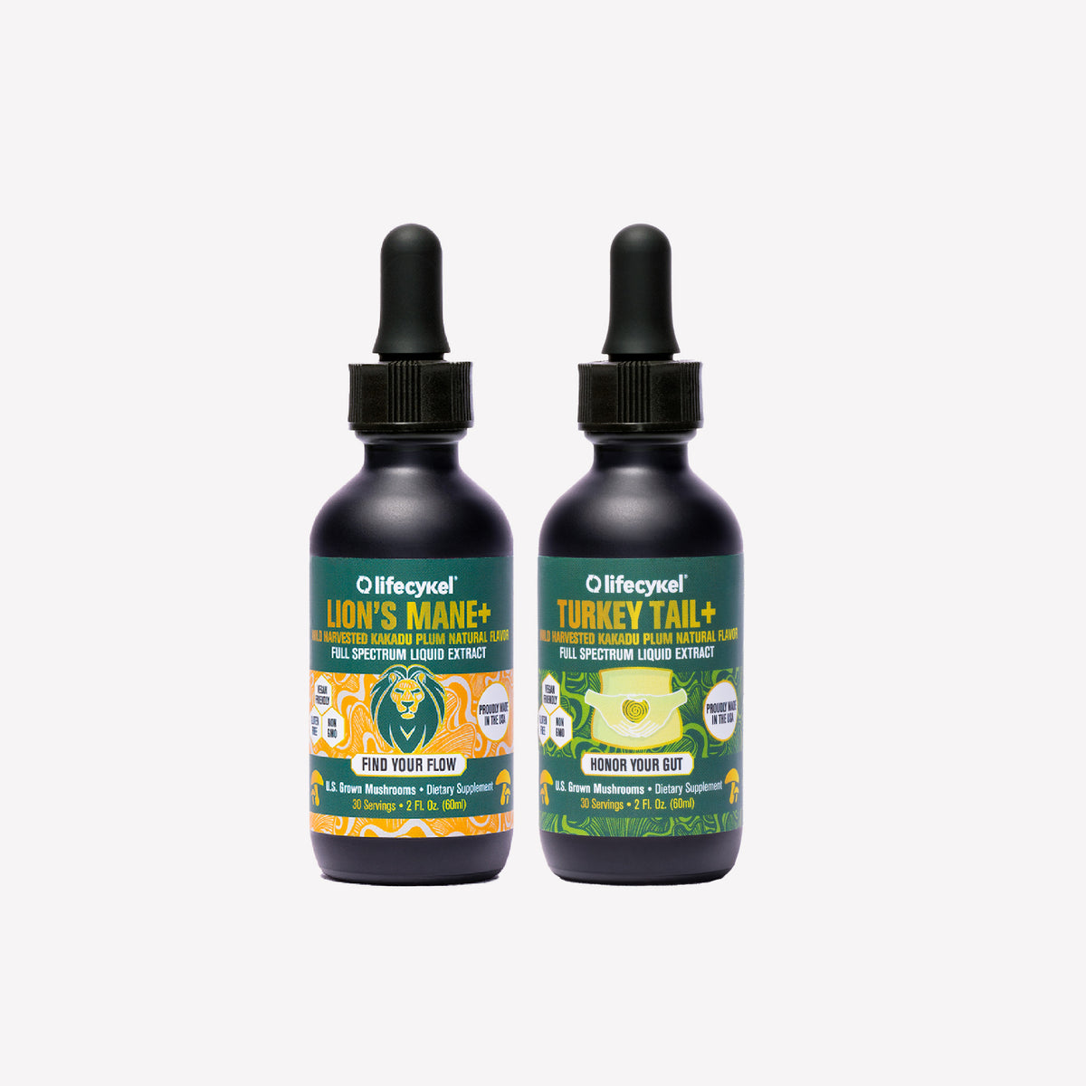 Two bottles of Lifecykel mushroom extracts supplements on a white background