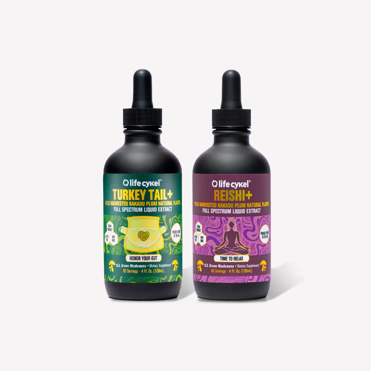 Two bottles of Lifecykel mushroom extracts supplements on a white background