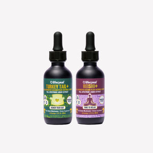 Two bottles of Lifecykel mushroom extracts supplements on a white background
