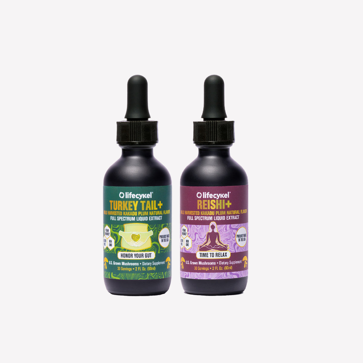 Two bottles of Lifecykel mushroom extracts supplements on a white background
