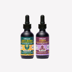 Two bottles of Lifecykel mushroom extracts supplements with colorful labels on a white background
