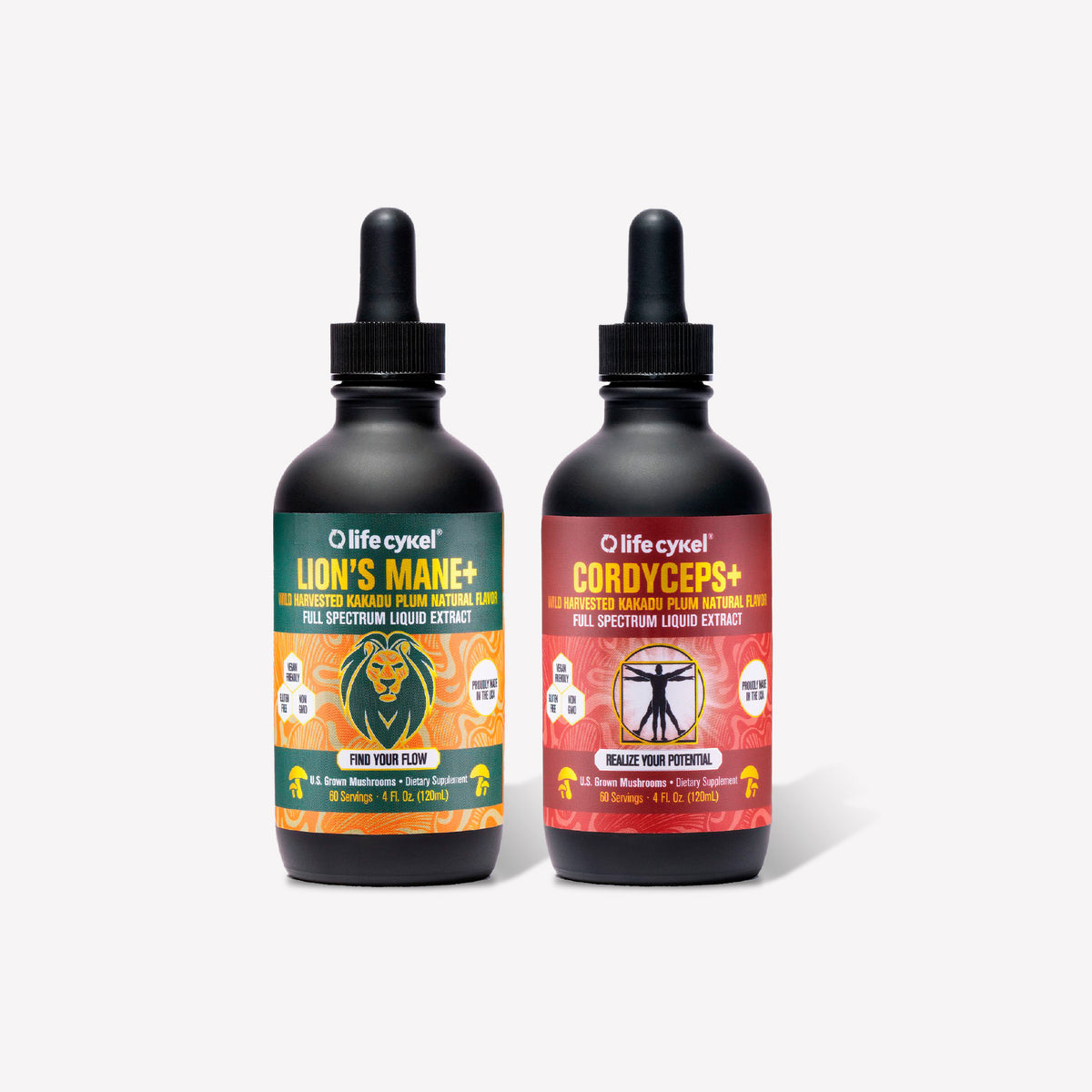 Two bottles of Lifecykel mushroom extract supplements on a white background