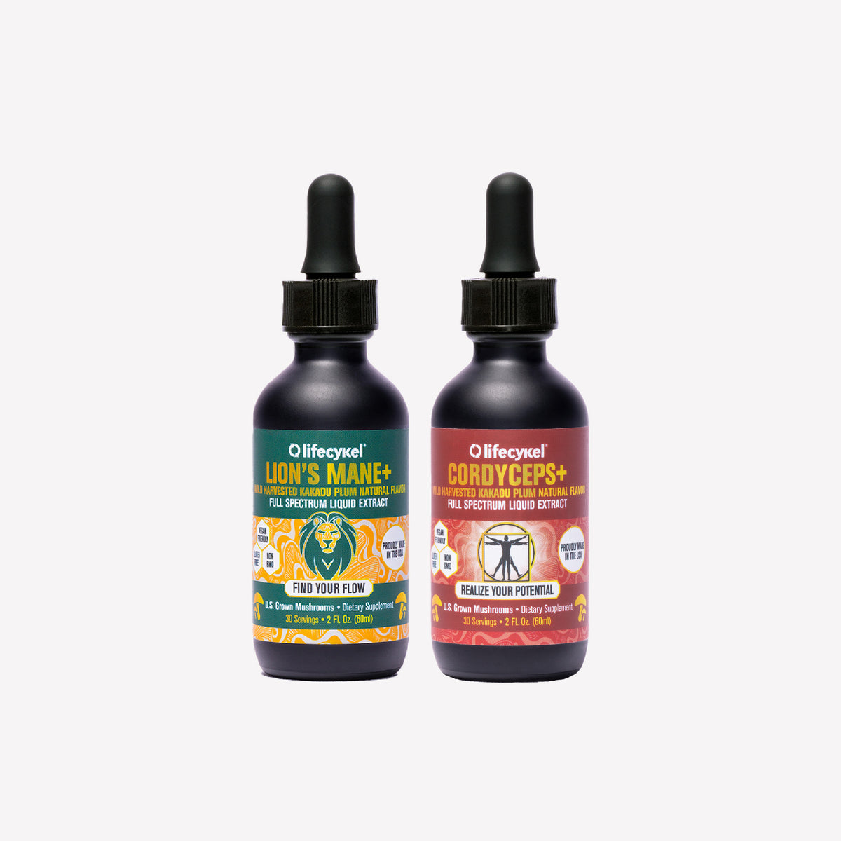 Two bottles of Lifecykel mushroom extracts supplements on a white background