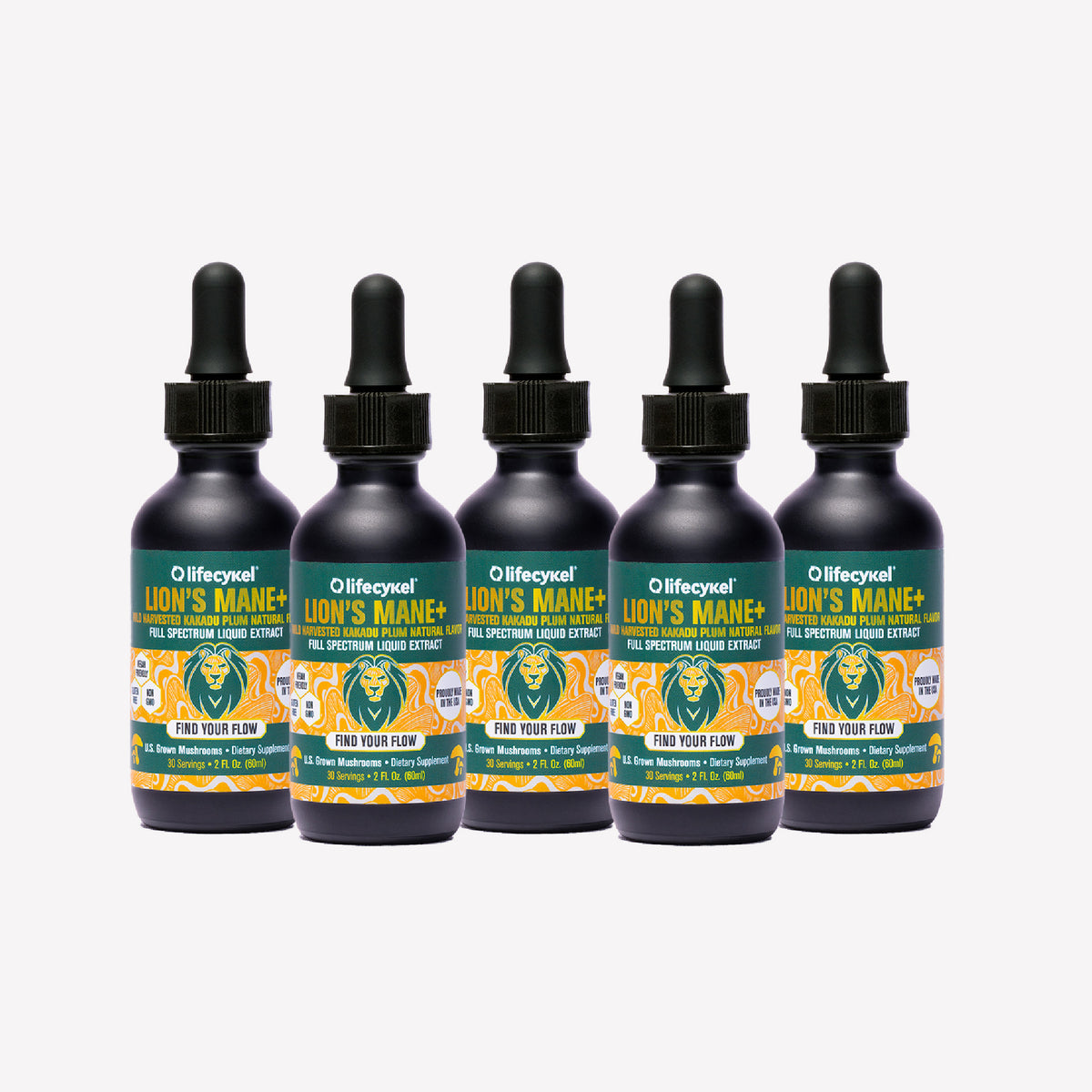 Five bottles of Lifecykel Lion's Mane+ mushroom extract supplement on a white background