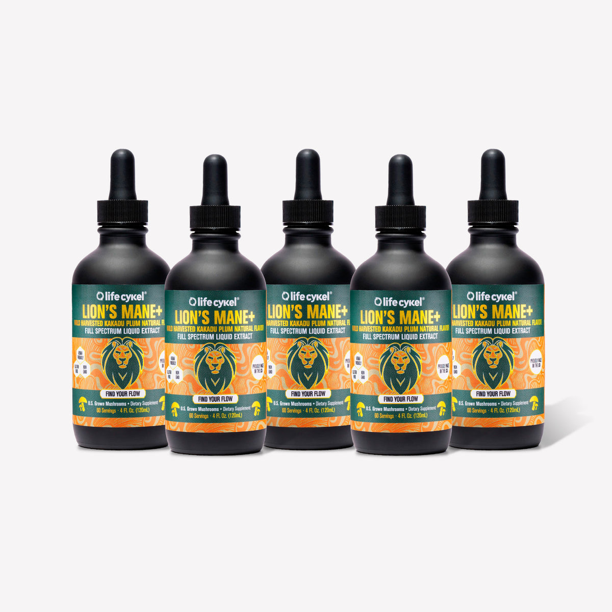 Five bottles of Lifecykel Lion's Mane+ mushroom extract supplement on a white background