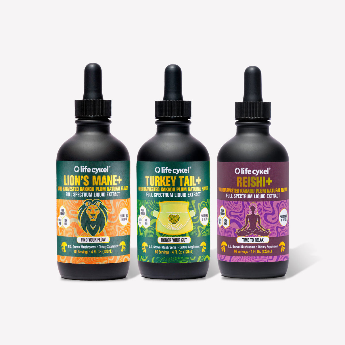 Three bottles of Lifecykel mushroom extracts supplements on a white background