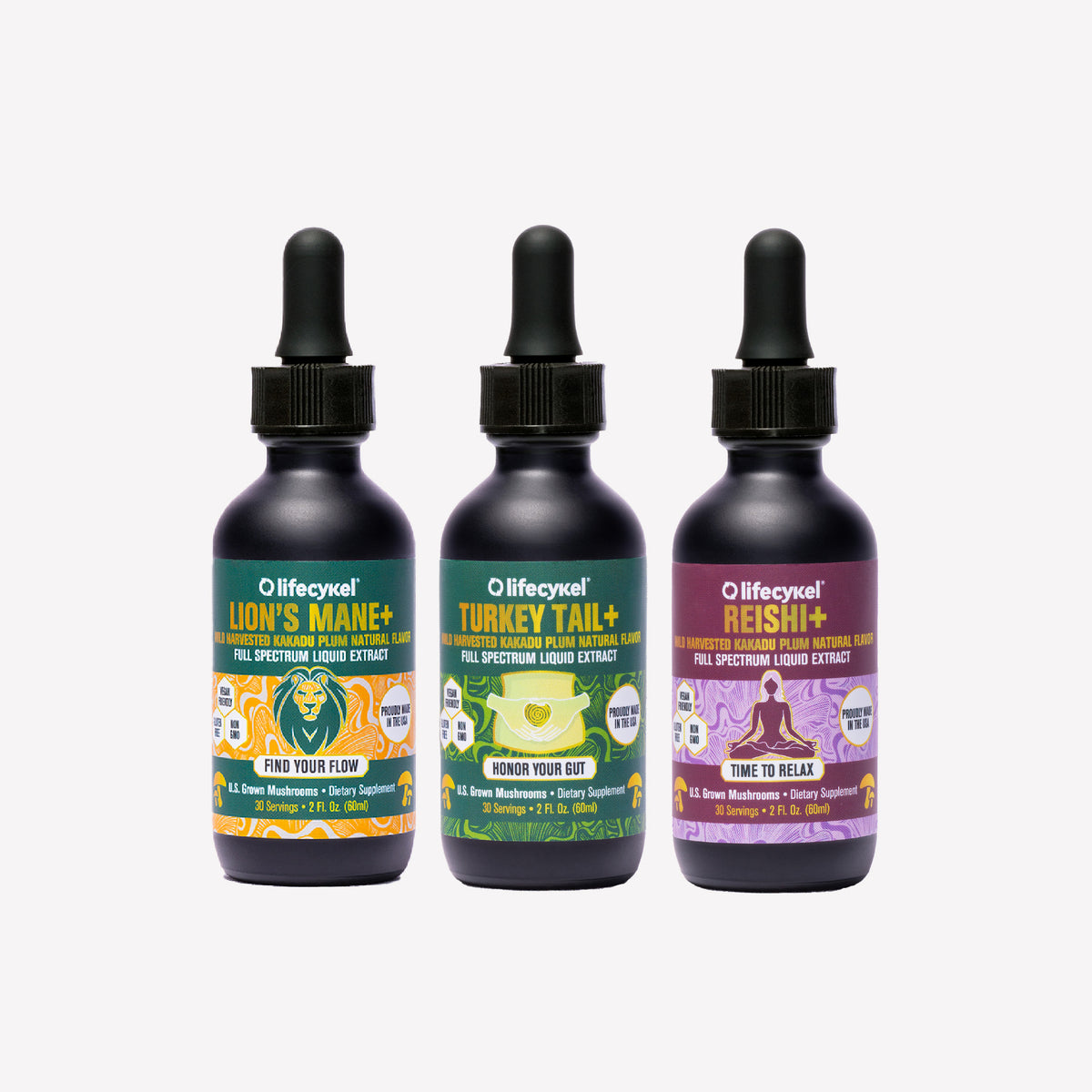 Three black bottles of Lifecykel mushroom extracts supplements on a white background