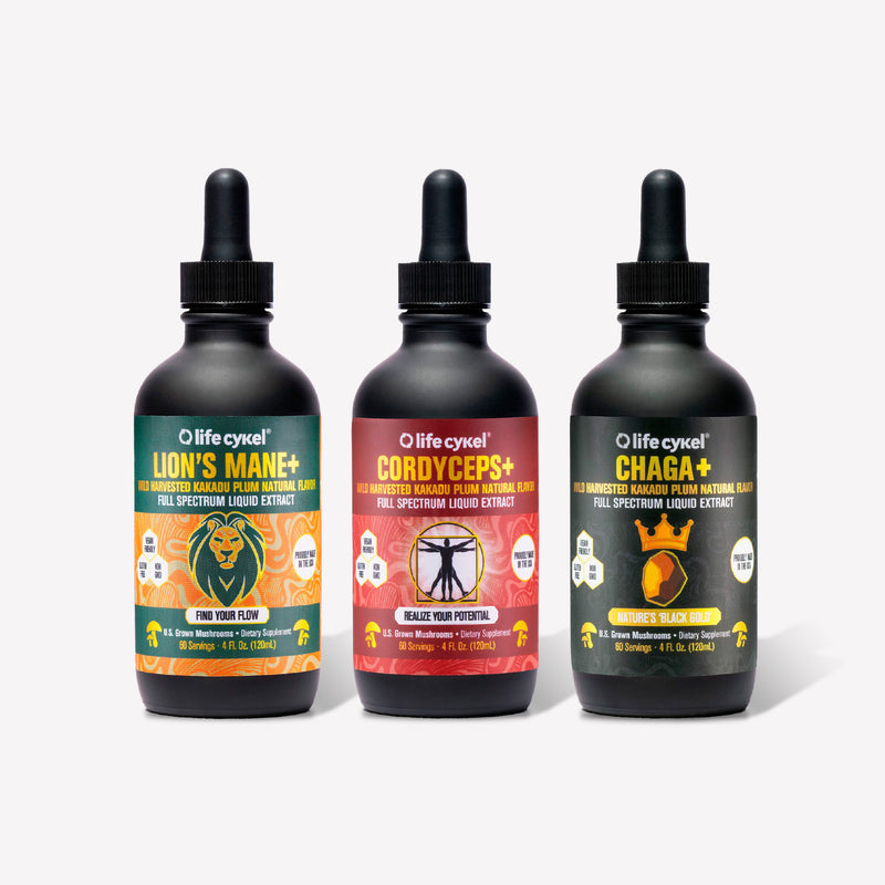 Three bottles of Lifecykel mushroom extracts supplements on a white background