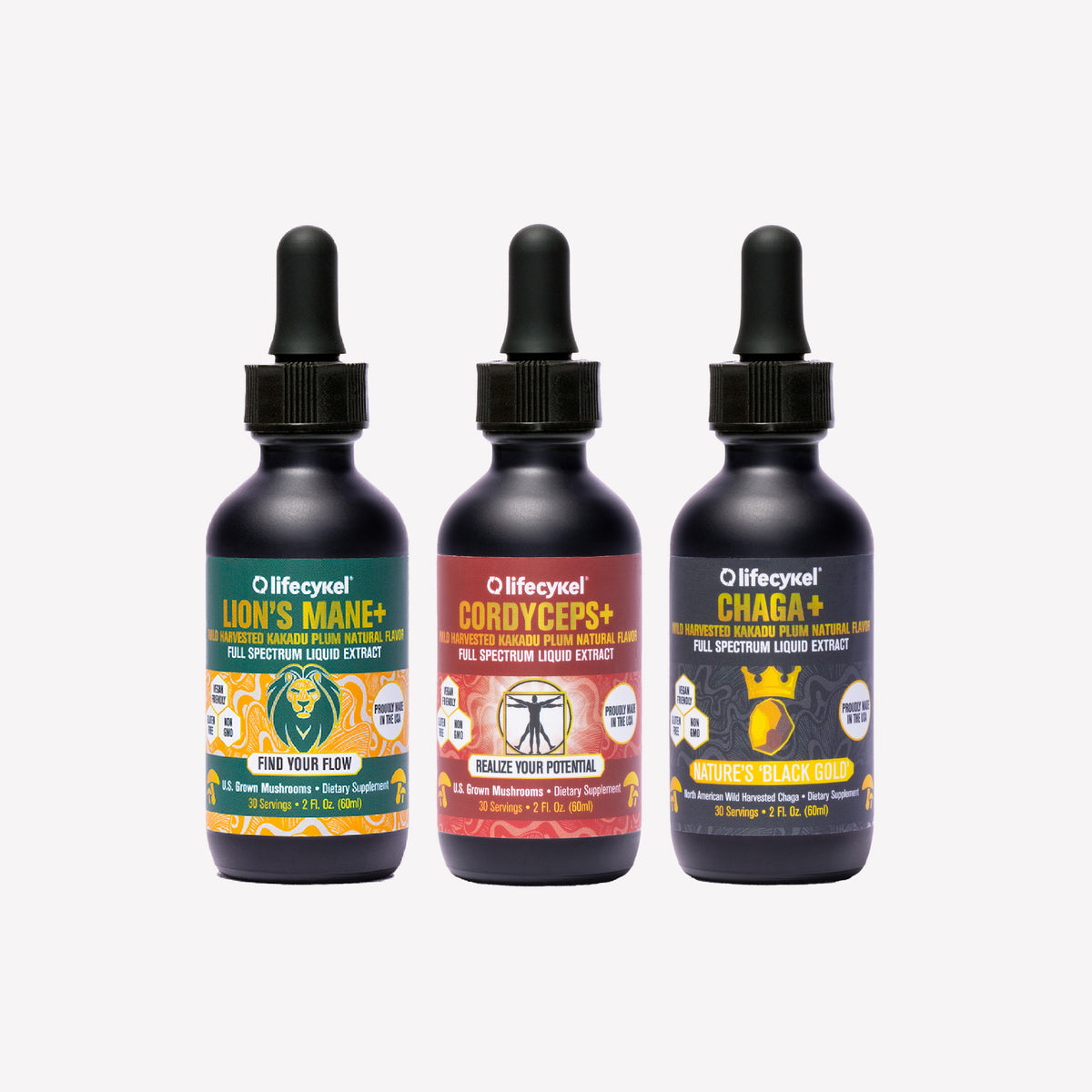 Three bottles of Lifecykel mushroom extracts supplements with colorful labels on a white background
