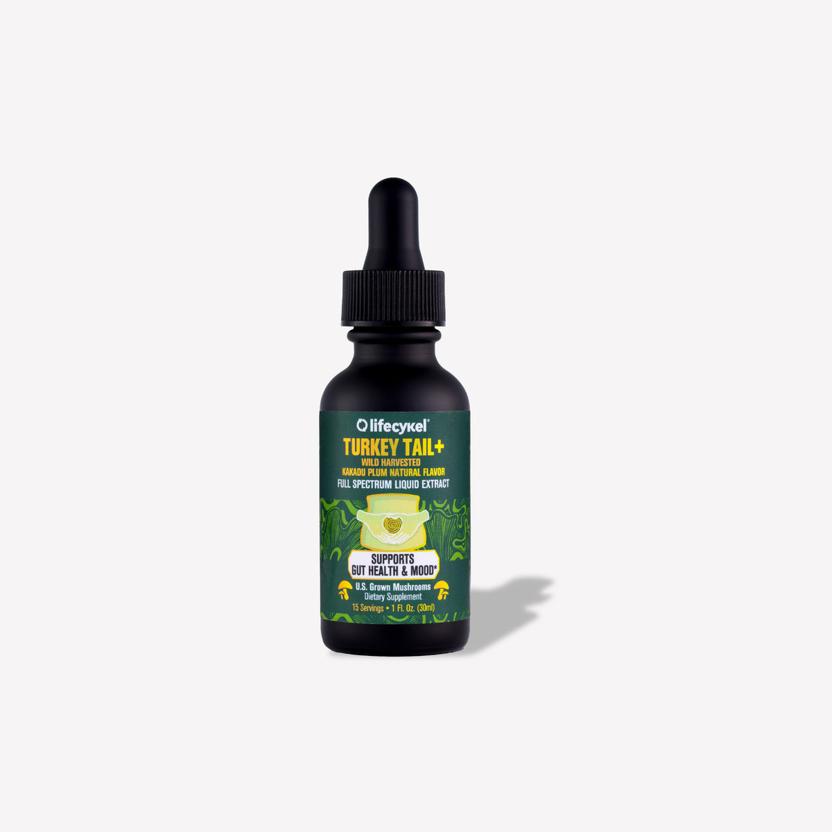 A 30ml bottle of Lifecykel Turkey Tail mushroom extracts supplements bottle on a white background