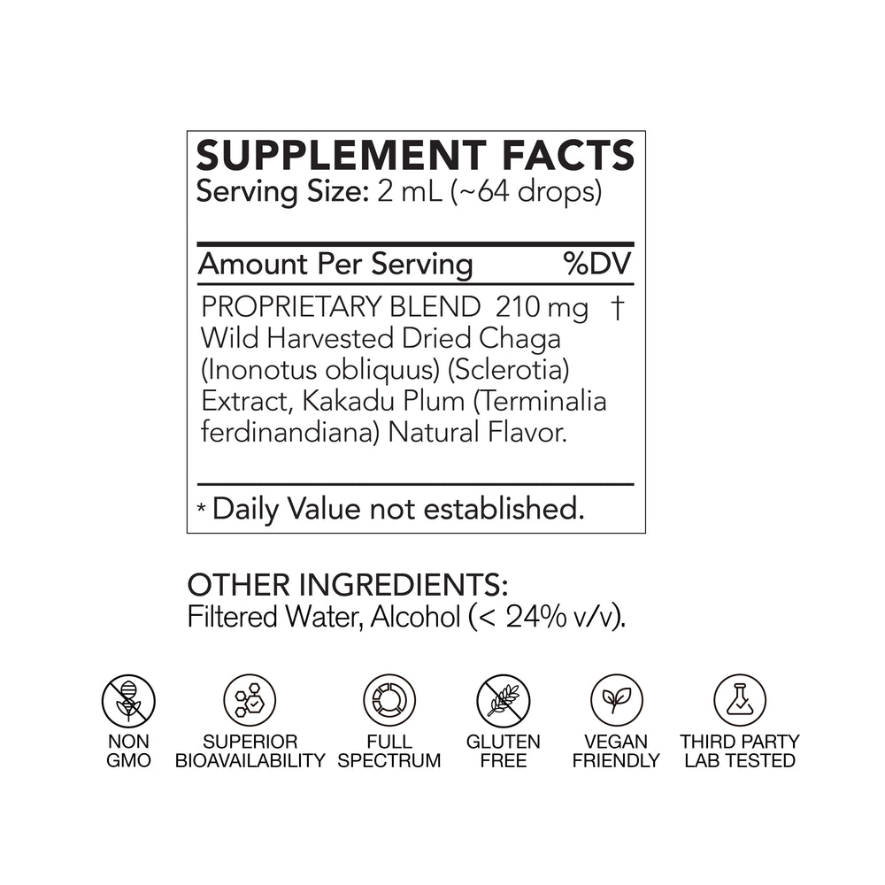 Supplement facts label with ingredients and certifications on a white background