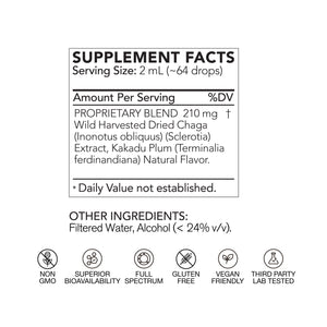 Supplement facts label with ingredients and certifications on a white background
