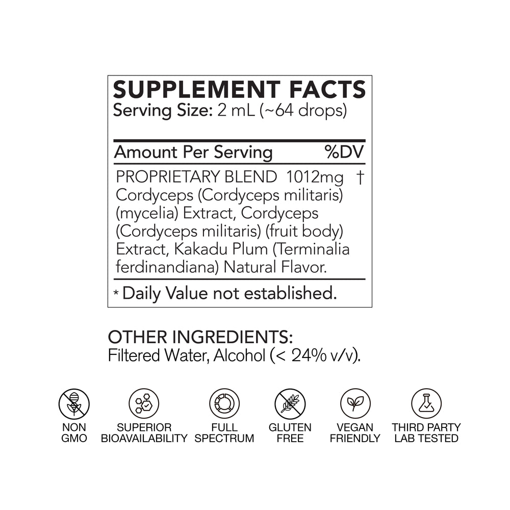 Supplement facts label with ingredients and certifications on a white background