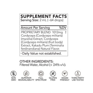 Supplement facts label with ingredients and certifications on a white background