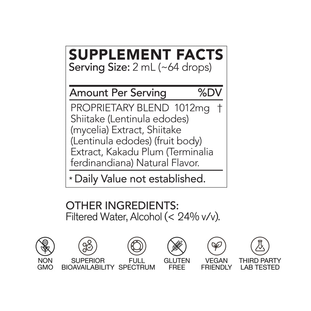 Supplement facts label with ingredients and certifications on a white background