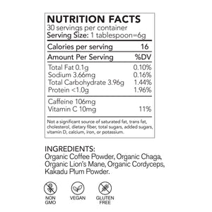 Nutrition facts label and ingredients list for a health supplement on a white background