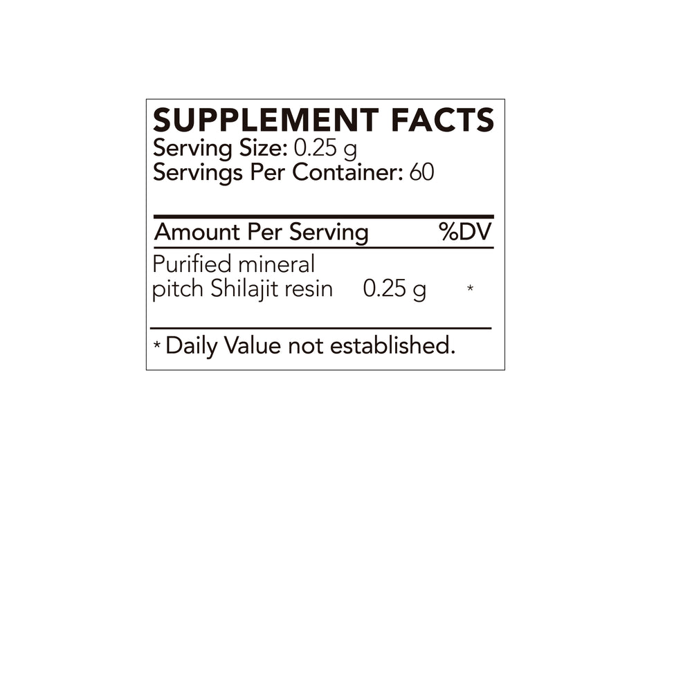 Supplement facts label for purified mineral pitch Shilajit resin on a white background