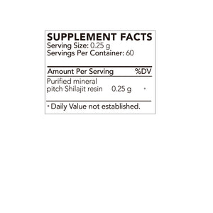 Supplement facts label for purified mineral pitch Shilajit resin on a white background