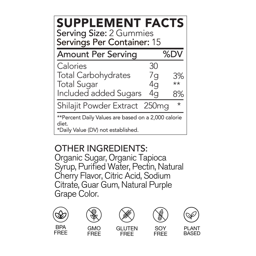 Supplement facts label for gummy vitamins with serving size, calories, and ingredients listed.