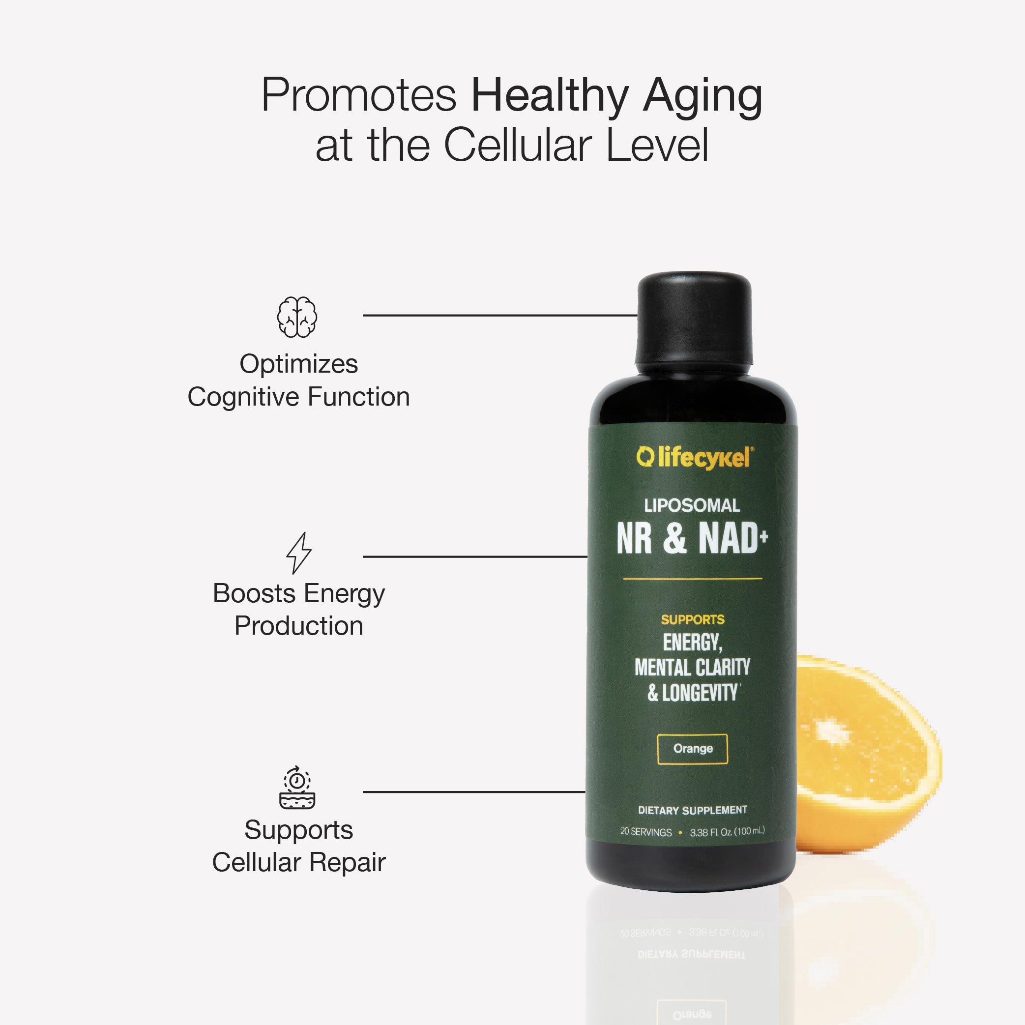 Supplement bottle labeled 'NR & NAD' with text about health benefits on a white background