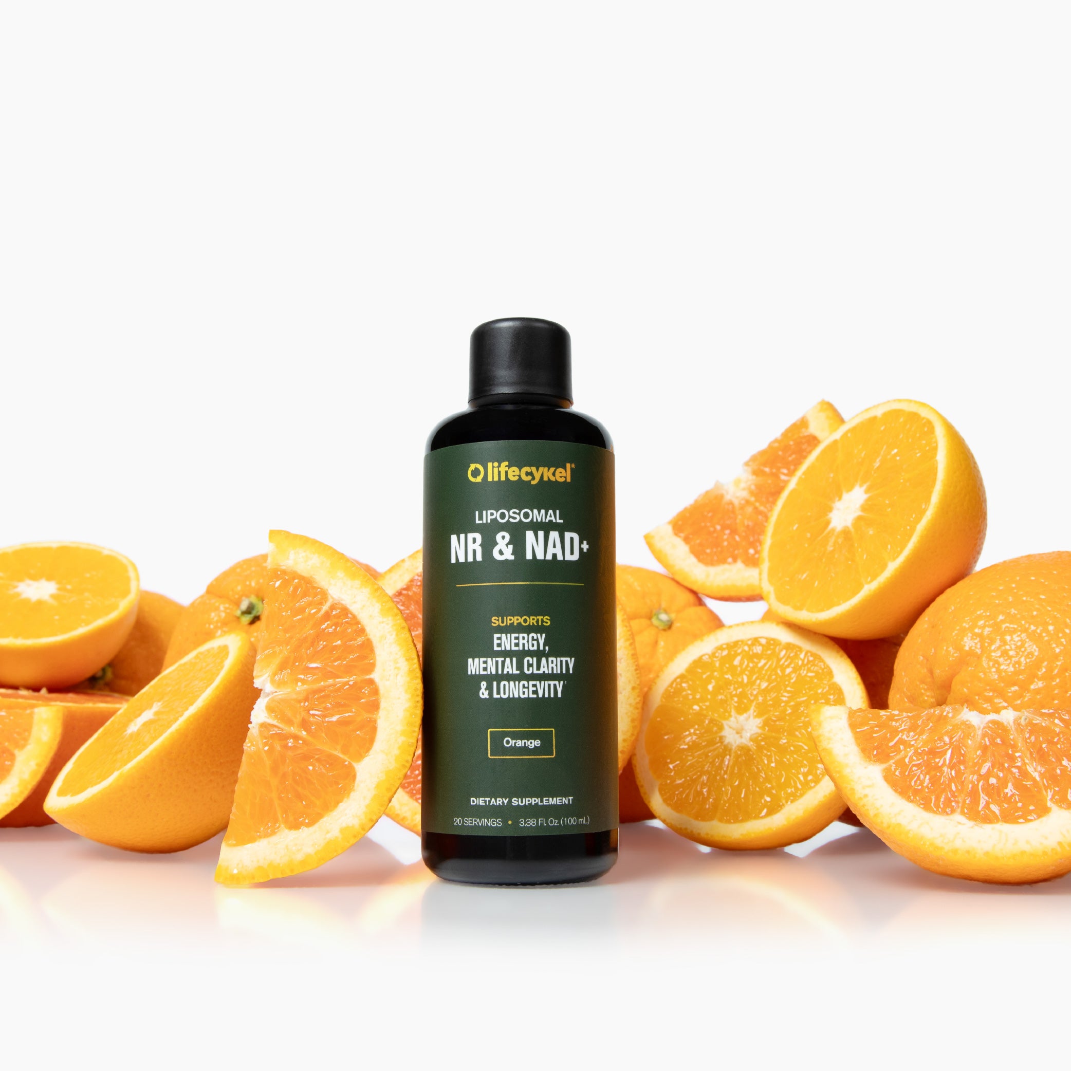 Lifecykel liposomal supplement bottle with oranges on a white background